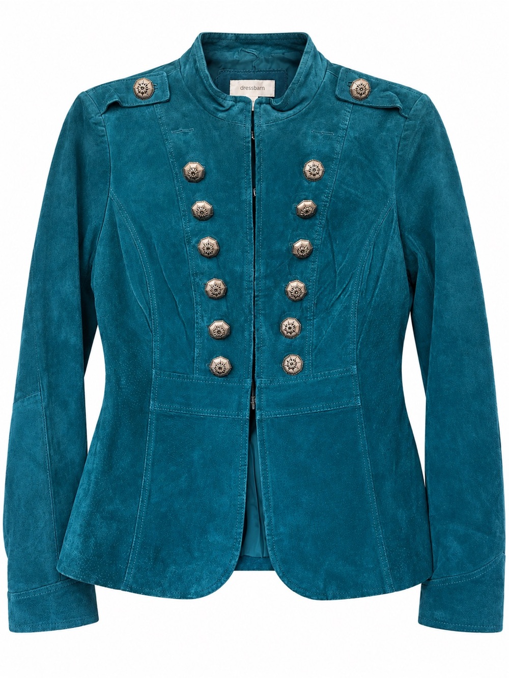 Dressbarn Teal Suede Leather Military Jacket Silver Buttons Size M